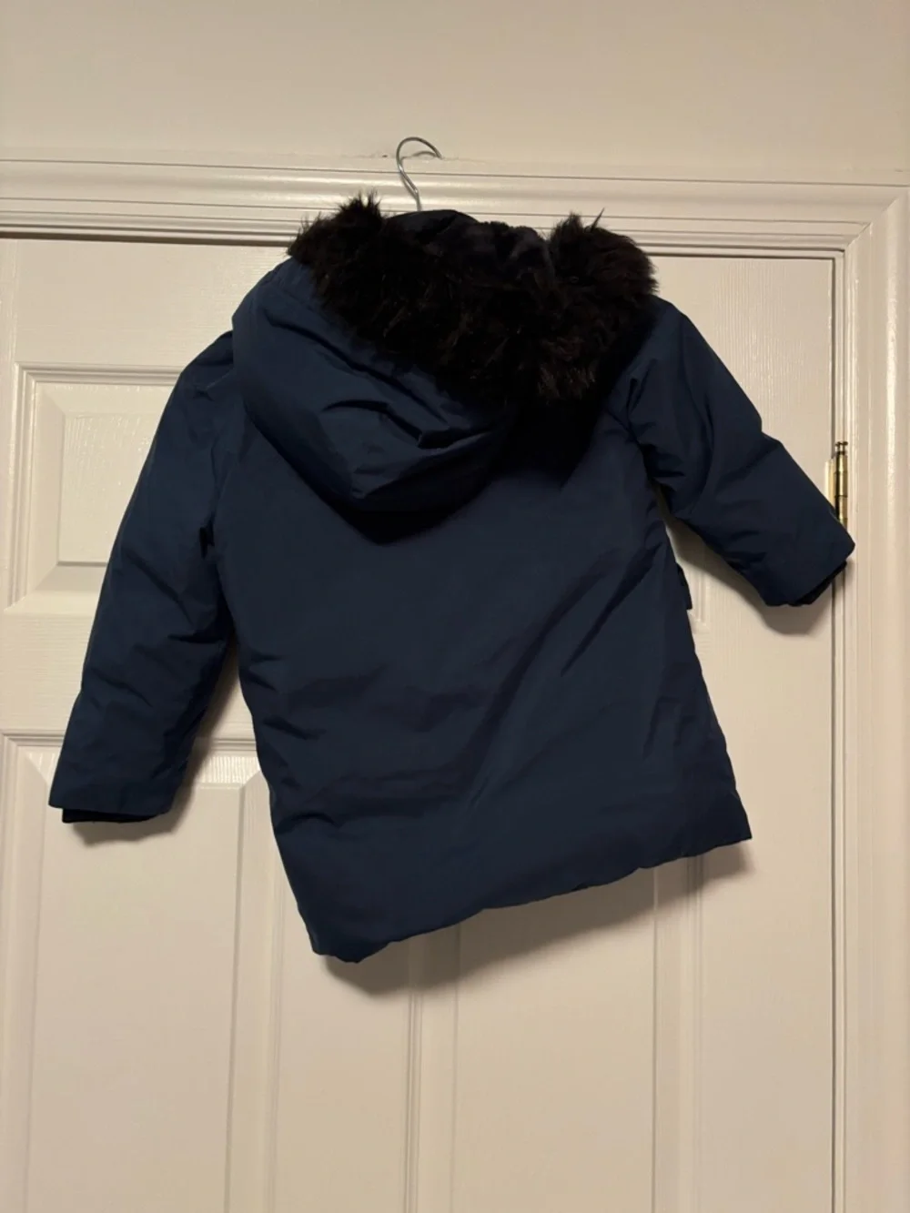 Jacadi Paris Boys Long Down Jacket Navy Blue Coat Faux Fur Hood Size 4